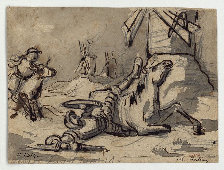 堂吉诃德的风车冒险（正面）和人物研究（反向） Don Quixote's adventure with the windmills (obverse) and figure studies (reverse) (c.1855 - 1856)，玛丽亚·福尔图尼