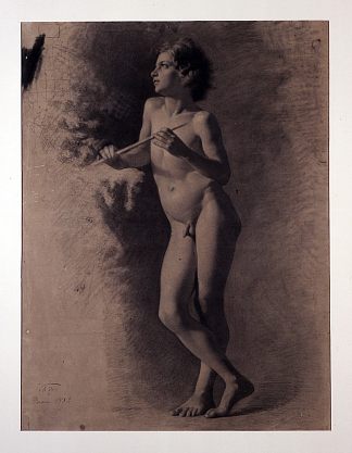 手上拿着长笛的裸体男孩 Nude boy with flute on his hands (1859)，玛丽亚·福尔图尼