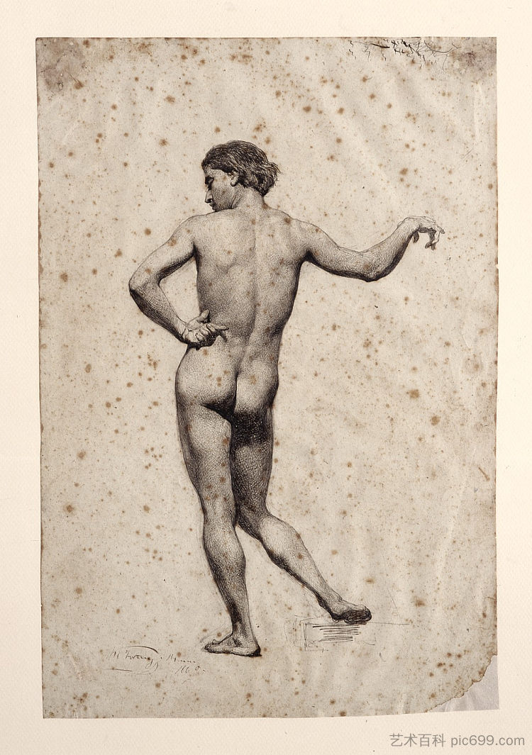 男性裸体背部伸展手臂 Male nude back with the arm extended (1860)，玛丽亚·福尔图尼