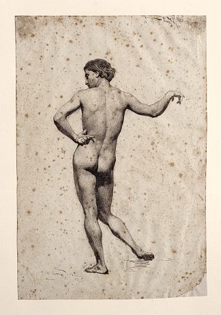 男性裸体背部伸展手臂 Male nude back with the arm extended (1860)，玛丽亚·福尔图尼