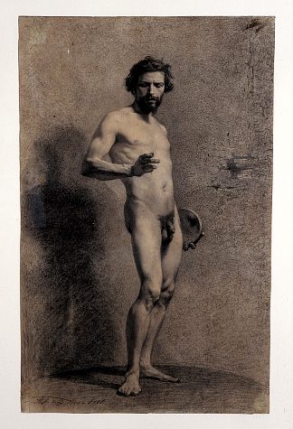 四分之三男性裸体与圆盘 Three quarter male nude with disk (1861)，玛丽亚·福尔图尼