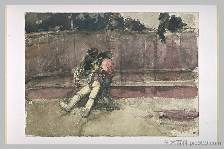 受伤的皮卡多，由两名男子支持。 The wounded picador, supported by two men，玛丽亚·福尔图尼