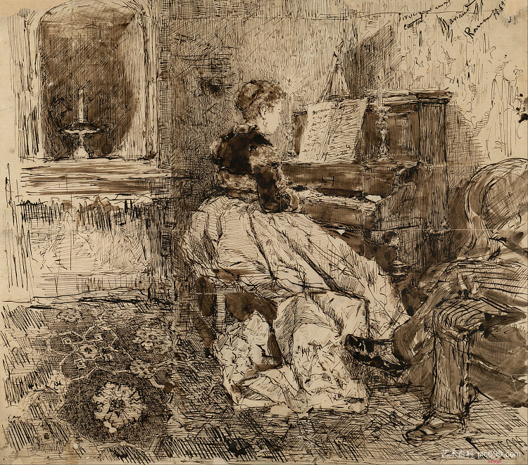 塞西莉亚·德·马达佐弹钢琴 Cecilia De Madrazo playing the piano (1869)，玛丽亚·福尔图尼