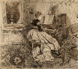 塞西莉亚·德·马达佐弹钢琴 Cecilia De Madrazo playing the piano (1869)，玛丽亚·福尔图尼