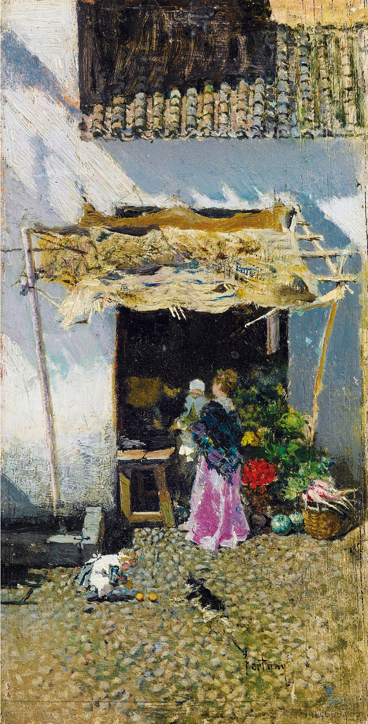 穿着淡紫色裙子的年轻女子在蔬菜摊前 Young woman in lilac skirt in front of a vegetable stall，玛丽亚·福尔图尼