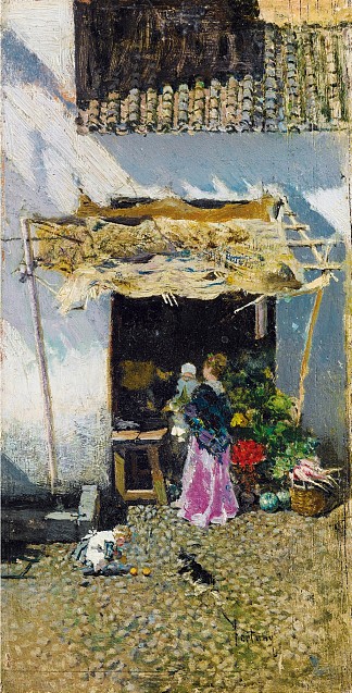 穿着淡紫色裙子的年轻女子在蔬菜摊前 Young woman in lilac skirt in front of a vegetable stall，玛丽亚·福尔图尼