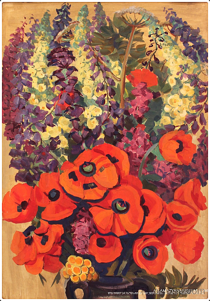 郁金香与黄色和紫色的花朵 Tulips with yellow and violet flowers (1974)，玛莉安·阿斯拉玛赞