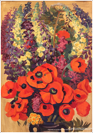 郁金香与黄色和紫色的花朵 Tulips with yellow and violet flowers (1974)，玛莉安·阿斯拉玛赞