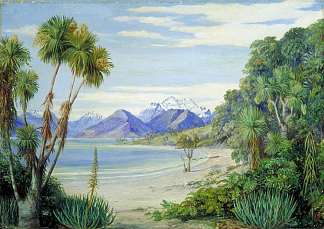 从新西兰瓦卡蒂佩湖的岛上眺望恩肖山 View of Mount Earnshaw from the Island in Lake Wakatipe, New Zealand (1880)，玛丽安娜·诺斯