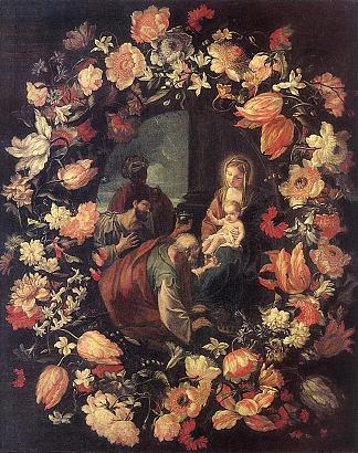 花环中对贤士的崇拜 Adoration of the Magi in a wreath of flowers (1654)，马里奥努齐