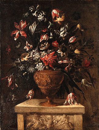 在石基座上的雕刻花瓶中发光 Glowers in a sculpted vase on a stone plinth，马里奥努齐