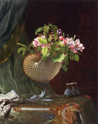 鹦鹉螺壳中苹果花的静物 Still Life with Apple Blossoms in a Nautilus Shell (1870)，马丁·约翰逊·赫德