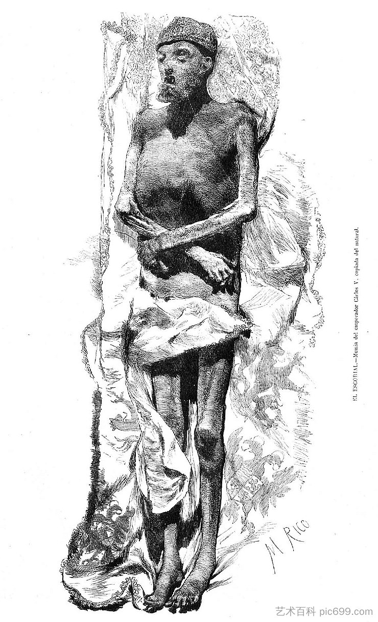 埃斯科里亚尔，查理五世皇帝的木乃伊，复制自生活 El Escorial, Mummy Of Emperor Charles V, Copied From Life (1872)，马丁·里科和奥尔特加