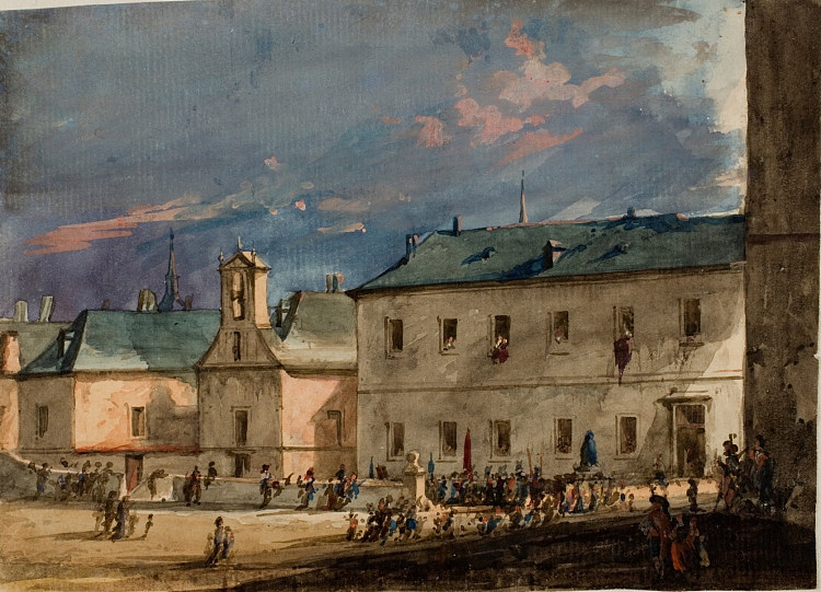 埃斯科里亚尔广场与格拉西亚圣母圣殿 El Escorial Square with the Sanctuary of the Virgen de Gracia (1858)，马丁·里科和奥尔特加