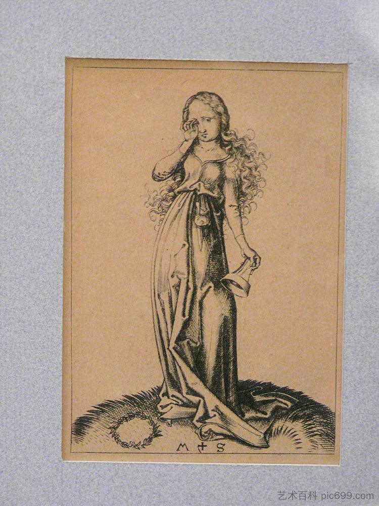 在铜上雕刻一个愚蠢的处女 Engraving on copper of a Foolish Virgin (c.1480)，马丁·松高尔