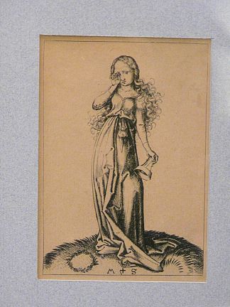 在铜上雕刻一个愚蠢的处女 Engraving on copper of a Foolish Virgin (c.1480)，马丁·松高尔