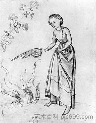 年轻女子用鸟的翅膀扇火 Young Woman Fanning a fire with a bird's wing (1469)，马丁·松高尔