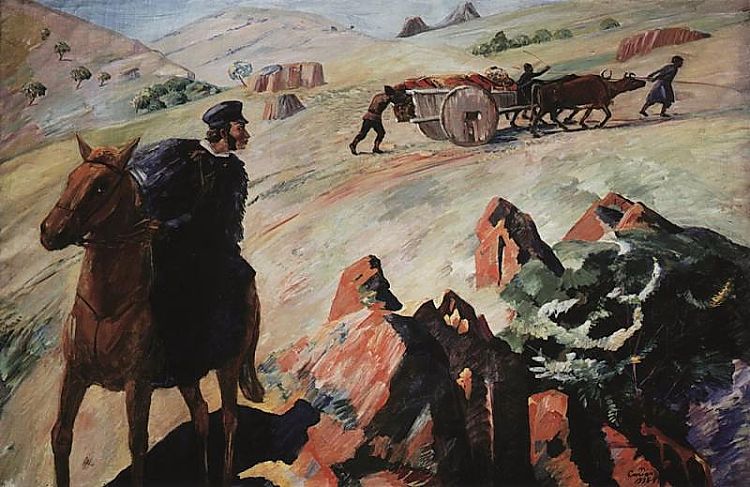 普希金与马车会面，载着格里博耶多夫的尸体 A meeting Pushkin with carriage, carrying the body of Griboyedov (1936; Armenia  )，马蒂罗斯