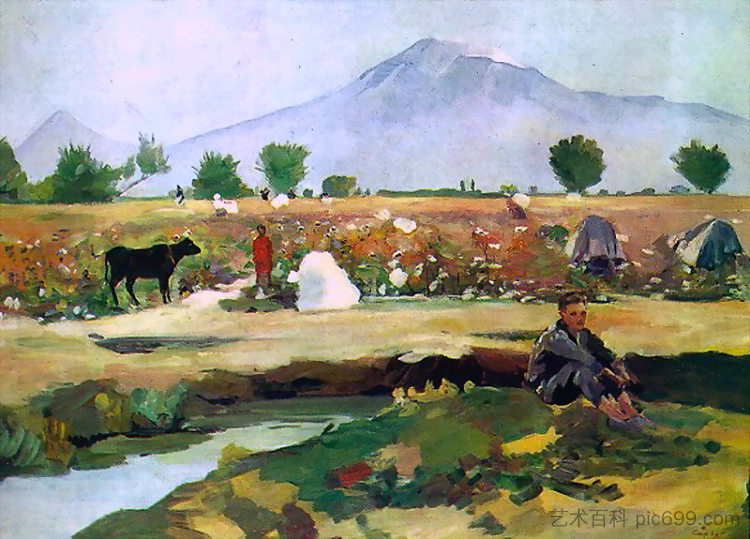 在亚拉腊山谷采摘棉花 Picking cotton in the Ararat valley (1949; Armenia  )，马蒂罗斯