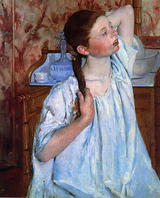 女孩整理头发 Girl Arranging Her Hair (1886)，玛丽·卡萨特