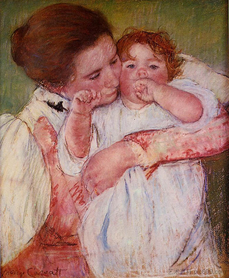 小安吮吸着妈妈拥抱的手指 Little Ann Sucking Her Finger Embraced by Her Mother (1897)，玛丽·卡萨特