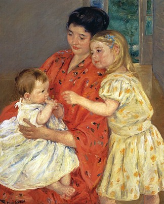 母亲和萨拉欣赏婴儿 Mother and Sara Admiring the Baby (1901)，玛丽·卡萨特