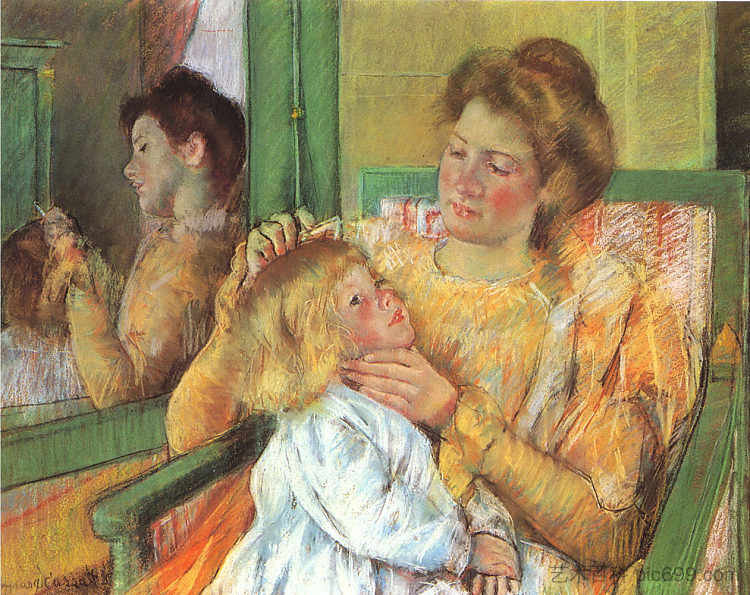 母亲梳理孩子的头发 Mother Combing Her Child's Hair (1879)，玛丽·卡萨特