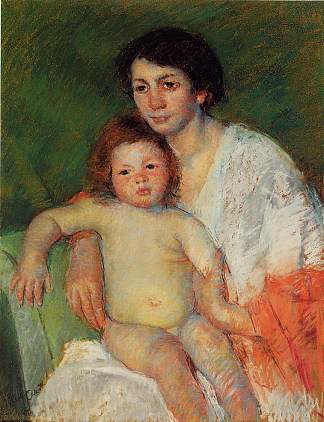 裸体婴儿坐在母亲的腿上，把胳膊放在椅背上 Nude Baby on Mother`s Lap Resting Her arm on the Back of the Chair (1913)，玛丽·卡萨特