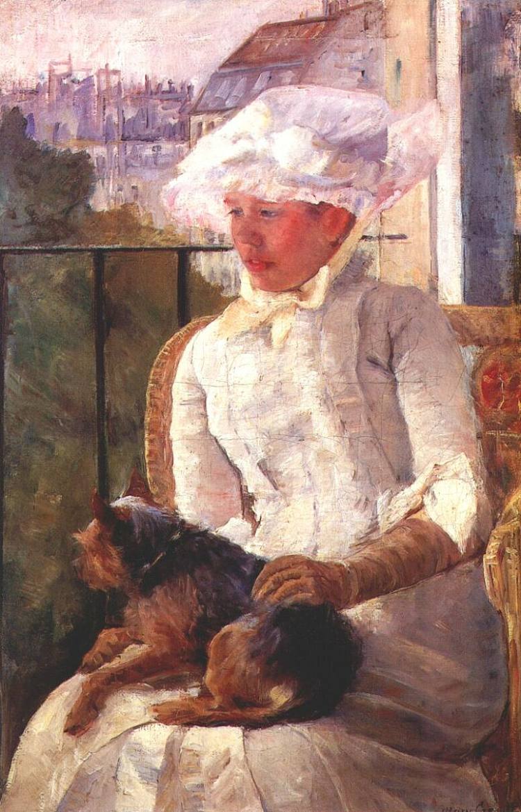 苏珊抱着狗在阳台上 Susan on a Balcony Holding a Dog (c.1883)，玛丽·卡萨特