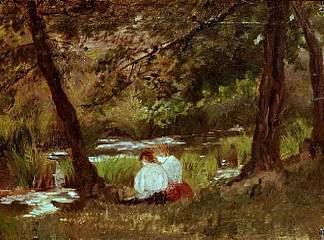 两个女人坐在林地溪边 Two Women Seated by a Woodland Stream (1869)，玛丽·卡萨特