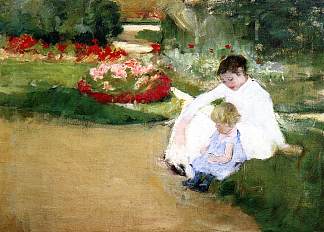 女人和孩子坐在花园里 Woman and Child Seated in a Garden (c.1881)，玛丽·卡萨特