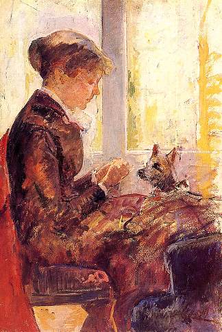 窗边的女人喂她的狗 Woman by a Window Feeding Her Dog (c.1880)，玛丽·卡萨特