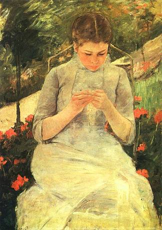 年轻女子在花园里缝纫 Young Woman Sewing in the garden (c.1880 – 1882)，玛丽·卡萨特