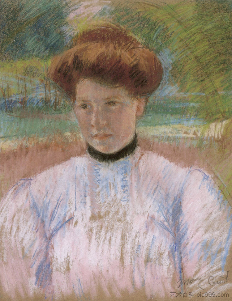 穿着粉红色衬衫的赤褐色头发的年轻女子 Young Woman with Auburn Hair in a Pink Blouse (1895)，玛丽·卡萨特