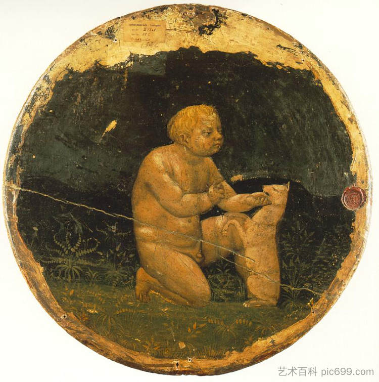 普托和一只小狗 - 柏林通多的背面 Putto and a Small Dog - back side of the Berlin Tondo (1427 - 1428)，马萨乔