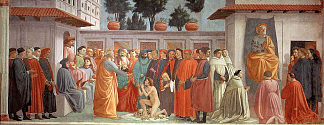 特奥菲勒斯和圣彼得之子登基 Raising of the Son of Teophilus and St.Peter Enthroned (1427)，马萨乔