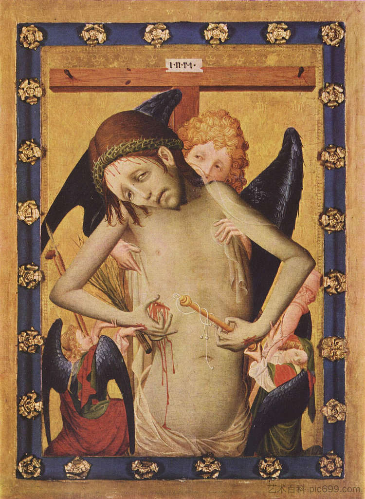 Vir Dolorum与Arma Christi和天使。 Vir Dolorum with the Arma Christi and angels. (c.1430; Germany  )，弗兰克大师