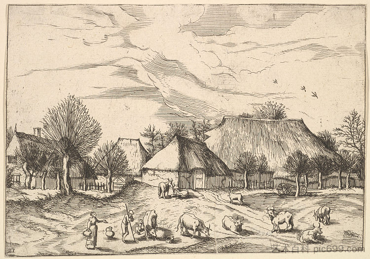 农场、牛与牧民和挤奶女工在前景中 来自 Multifariarum Casularum Ruriumque lineamenta Curiose ad vivum Expressa Farms, Cattle with Herdsmen and Milkmaids in the Foreground from Multifariarum Casularum Ruriumque Lineamenta Curiose Ad Vivum Expressa (1559 - 1561),小山水大师