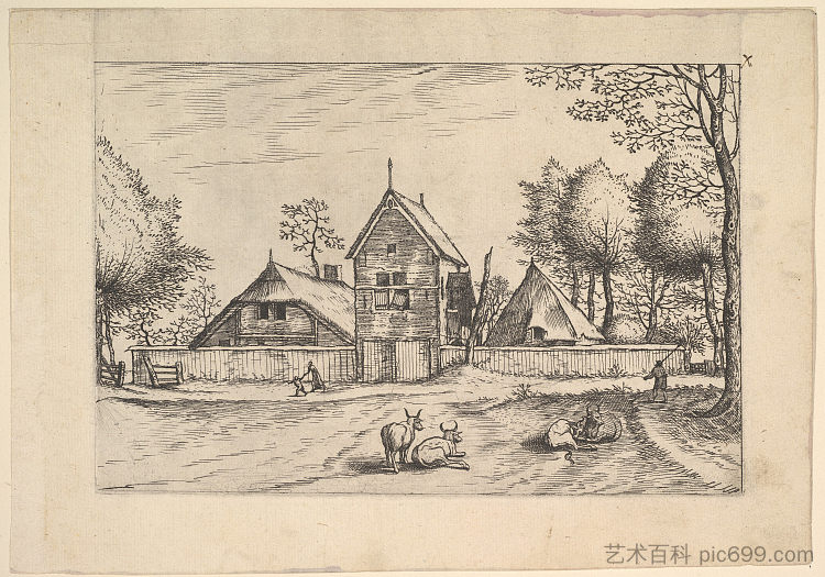 农庄,奶牛和牧民在前景中 Praediorum Villarum et rusticarum Casularum icones elenoantissimae ad vivum in apre deformatae Farmstead, Cows and Herdsman in the Foreground from Praediorum Villarum Et Rusticarum Casularum Icones Elenoantissimae Ad Vivum in Apre Deformatae (1559 - 1561),小山水大师