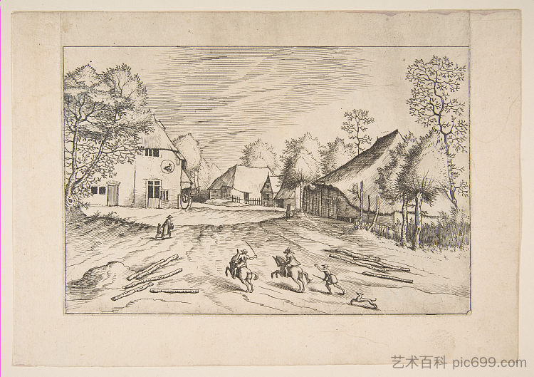 天鹅旅馆与农场从系列小风景 The Swan's Inn with Farms from the Series The Small Landscapes (1559 - 1561)，小山水大师