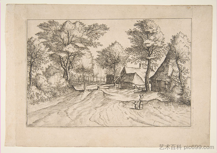 带有农场和棚屋的乡村道路，来自系列，小景观（Multifariarum Casularum） Village Road with a Farm and Sheds, from the Series, The Small Landscapes (Multifariarum Casularum) (1559 - 1561)，小山水大师