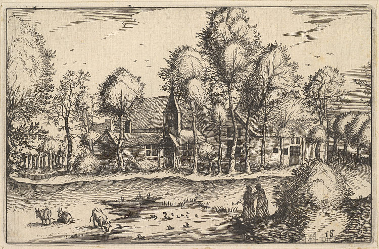 一个池塘,图版 18 来自 Regiunculae et villae 等分试样 Ducatus brabantiae A Pond, Plate 18 from Regiunculae Et Villae Aliquot Ducatus Brabantiae (c.1610),小山水大师
