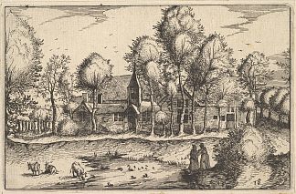 一个池塘，图版 18 来自 Regiunculae et villae 等分试样 Ducatus brabantiae A Pond, Plate 18 from Regiunculae Et Villae Aliquot Ducatus Brabantiae (c.1610)，小山水大师