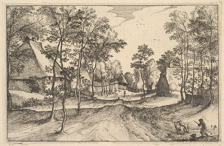 A Village Road, 14 板块 from Regiunculae et Villae 等分 Ducatus Brabantiae A Village Road, plate 14 from Regiunculae et Villae Aliquot Ducatus Brabantiae (c.1610),小山水大师