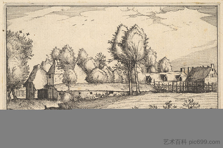 沿着田野的道路，图版 16 来自 regiunculae et villae 等分的杜卡特布拉班蒂亚 Road Along a Field, Plate 16 from Regiunculae Et Villae Aliquot Ducatus Brabantiae (c.1610)，小山水大师