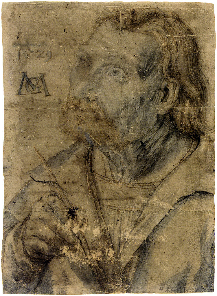 使徒约翰（一个仰望着羽毛的男人的半长肖像） John the Apostle (Half Length Portrait of a Man with a Pinfeather Looking Up) (c.1512 - c.1516)，马蒂亚斯·格吕内瓦尔德