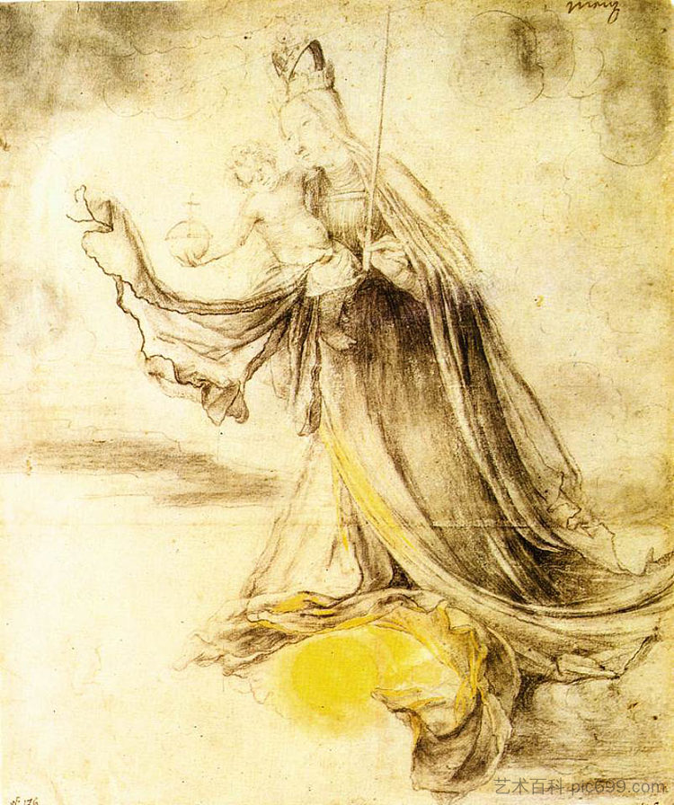 玛丽脚下有太阳 Mary with the Sun below her Feet (c.1520)，马蒂亚斯·格吕内瓦尔德