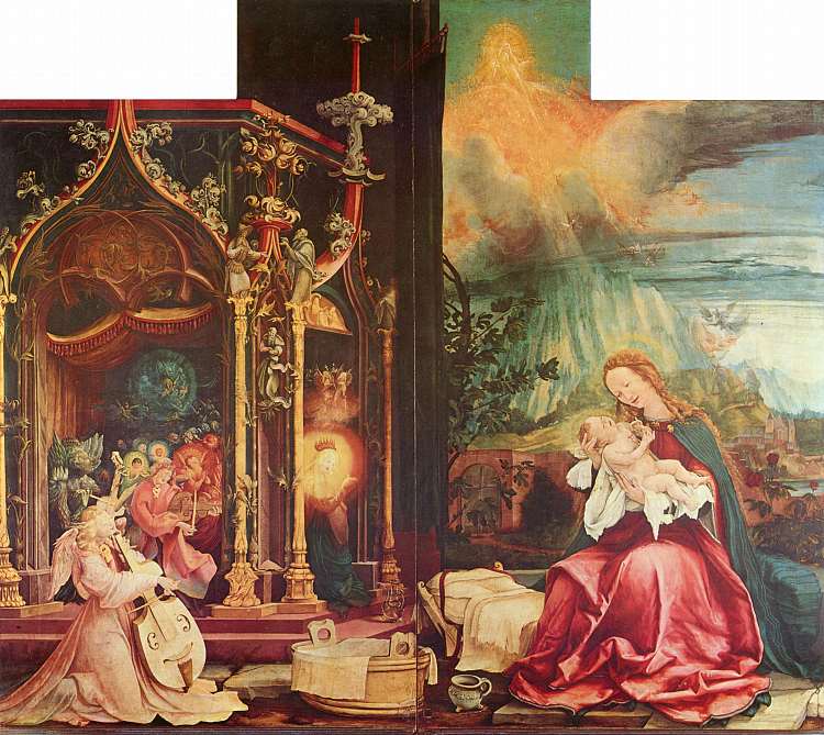 伊森海姆祭坛画的耶稣诞生和天使音乐会（中央面板） Nativity and Concert of Angels from the Isenheim Altarpiece (central panel) (c.1512 - c.1516)，马蒂亚斯·格吕内瓦尔德