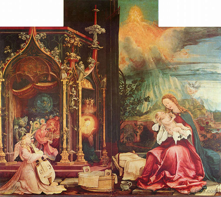 伊森海姆祭坛画的耶稣诞生和天使音乐会(中央面板) Nativity and Concert of Angels from the Isenheim Altarpiece (central panel) (c.1512 - c.1516),马蒂亚斯·格吕内瓦尔德