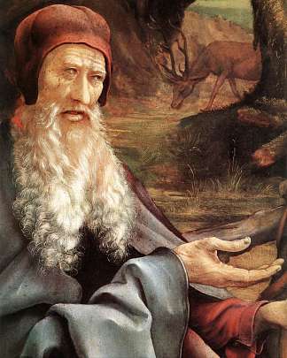 圣安东尼访问圣 .沙漠中的隐士保罗（局部） St. Anthony Visiting St .Paul the Hermit in the Desert (detail) (1510 – 1515)，马蒂亚斯·格吕内瓦尔德